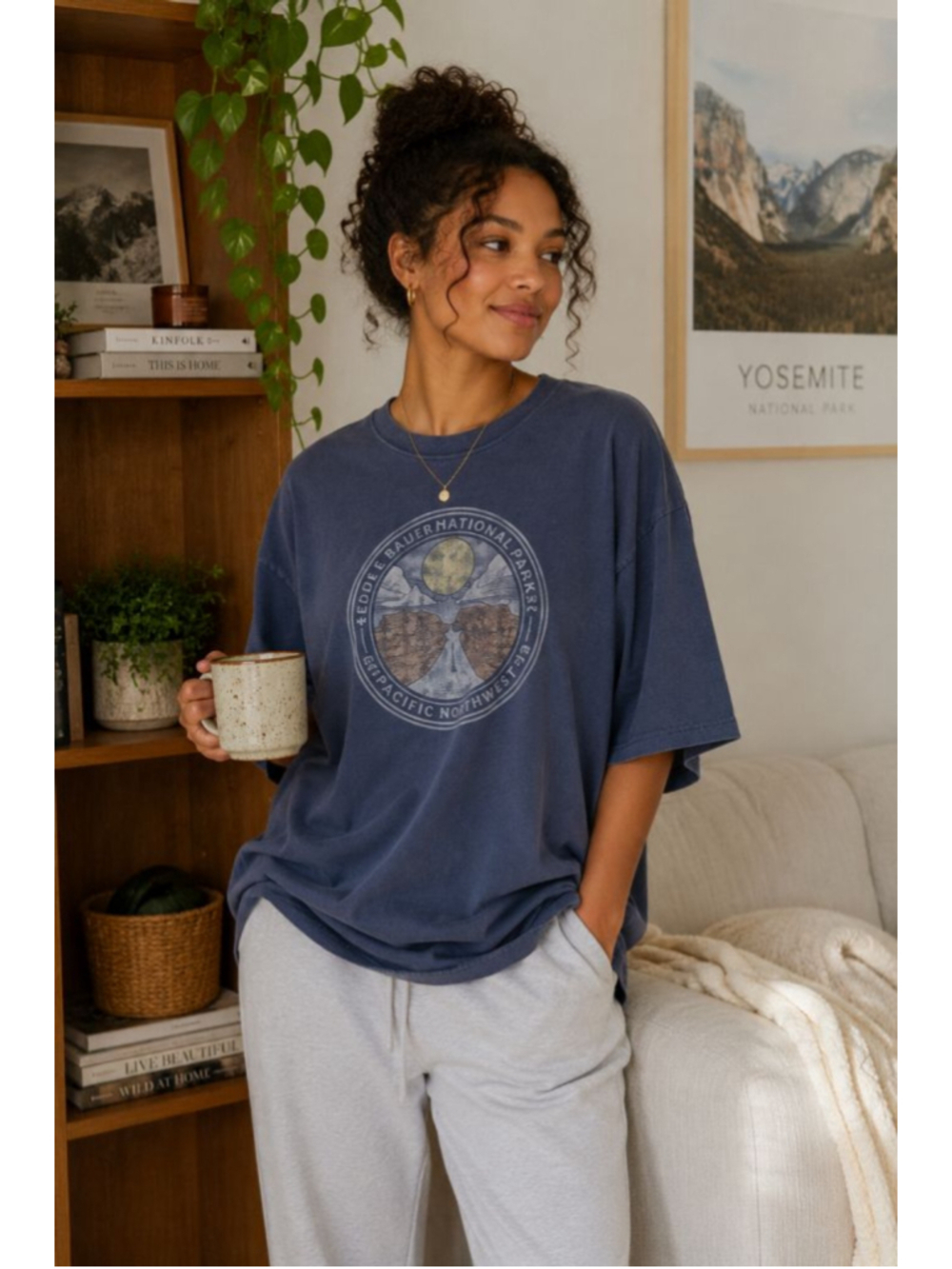 Eddie Bauer Vtg Bears Ears Oversize Graphic Tee Blue Gray L 90s Outdoorsy